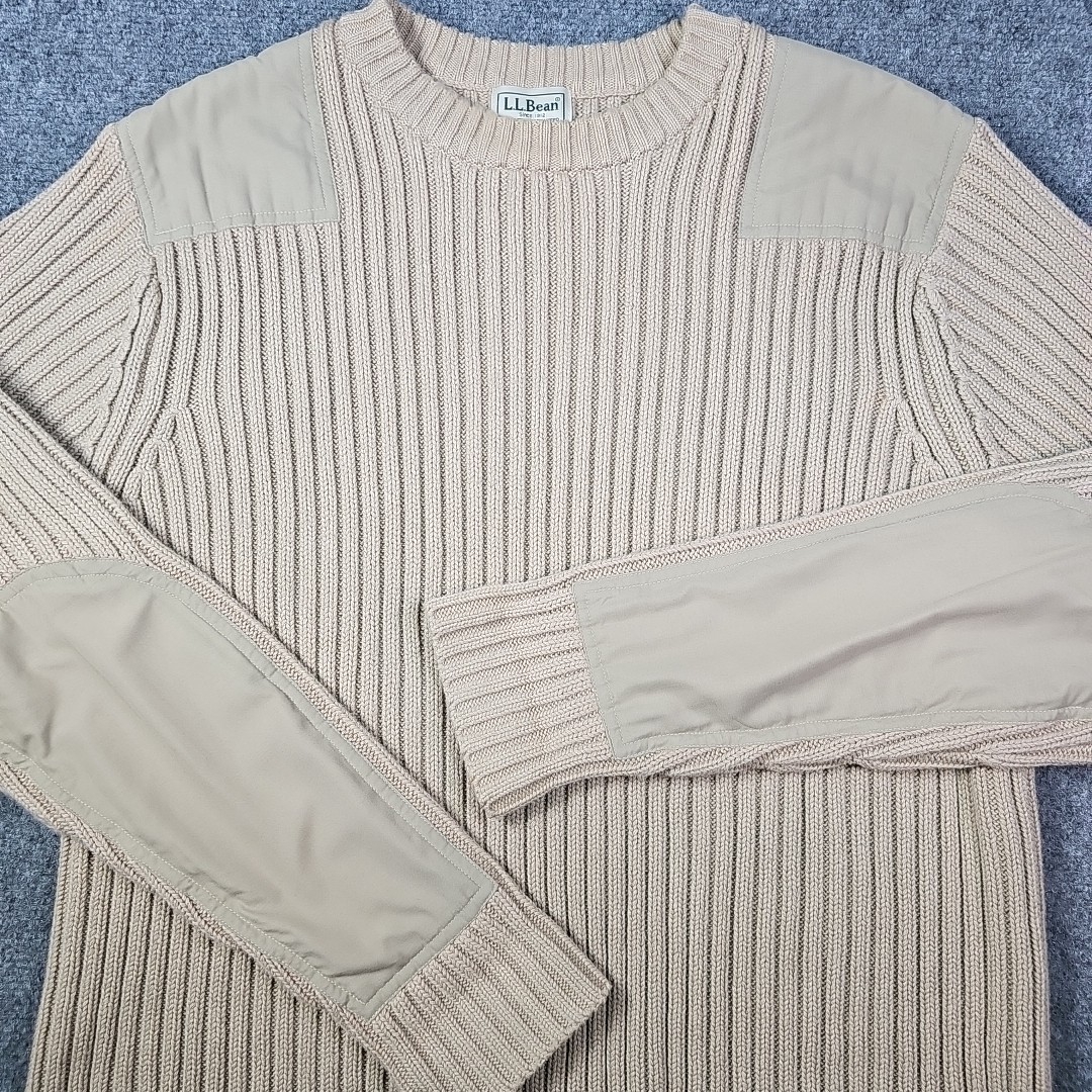 LL Bean Mens Medium Reg Commando Sweater Cotton Ribbed Elbow Patch 0BYK5 Khaki