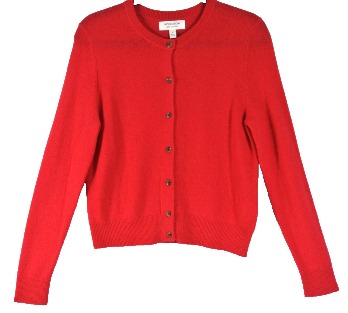 NEW, Nordstrom Cashmere Crewneck Cardigan in Red Sz S #S7570