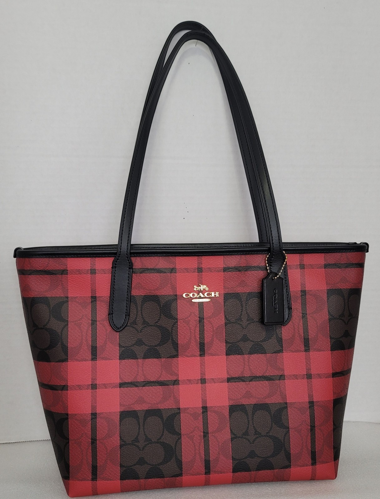 Coach Large Red Plaid Signature Tote Double Handles Open Top Bag Charm Gold