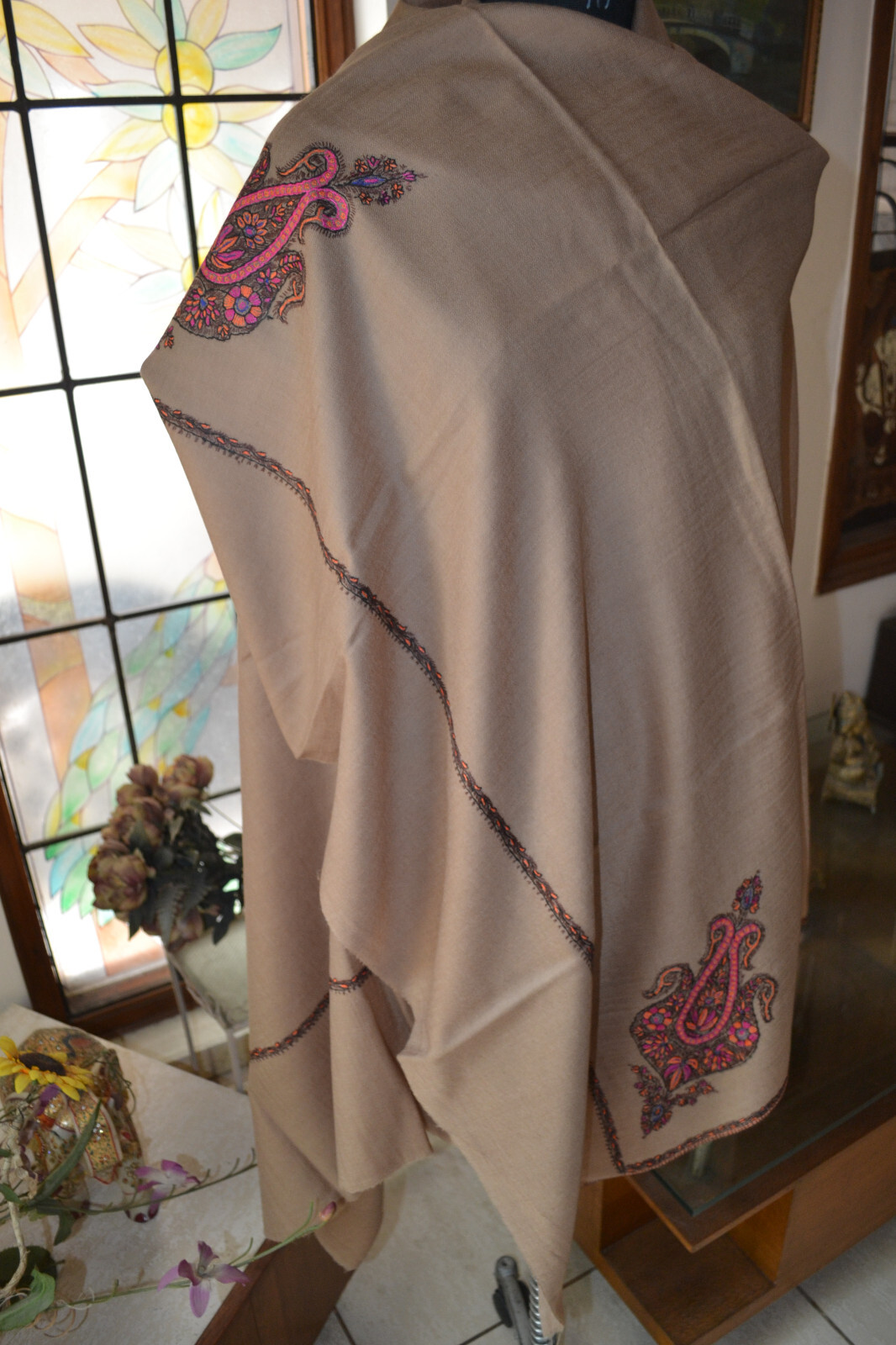 KASHMIRI HERITAGE MICRO BORDER EMBROIDERY DAUR SHAWL MOSS – CASHMERE PASHMINA