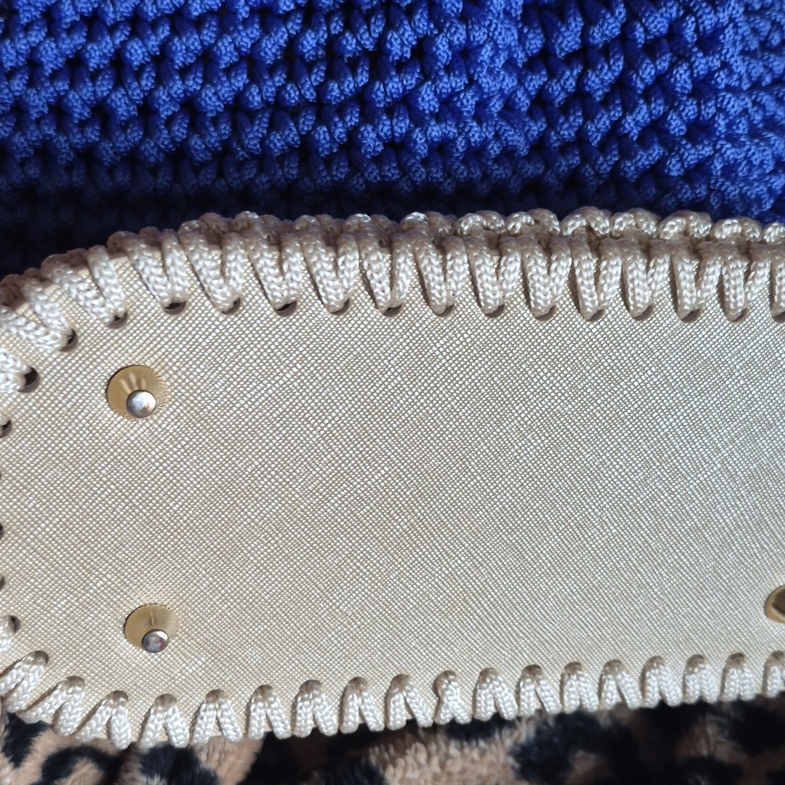 Handmade Colorblock Crochet Bucket Drawstring Bag, Blue/Beige, Strap