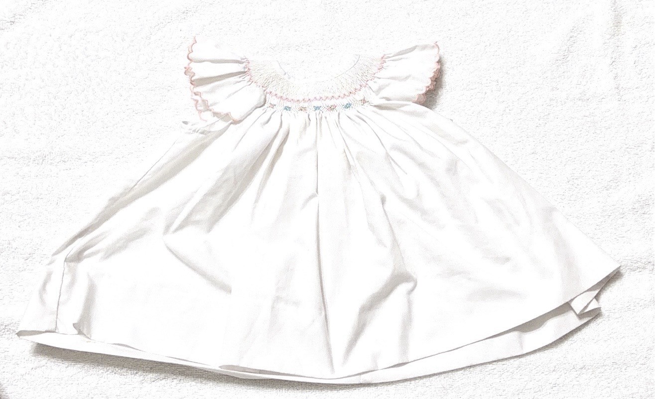 White/Pink Smocked Puff Sleeve Dress 18M Embroidered Classic House of Hatten Inc