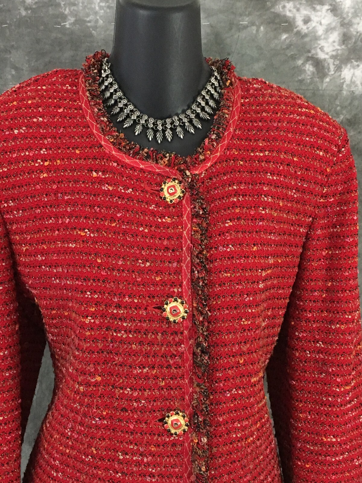 BEAUTIFUL St John couture knit red black fringe jacket skirt suit size 8 10