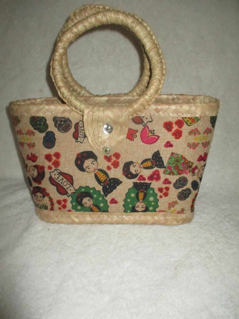 Frida Kahlo Folk Art Handmade Palm Leaf Purse Made In Mexico 7-1/2″ T – 12-1/2 W
