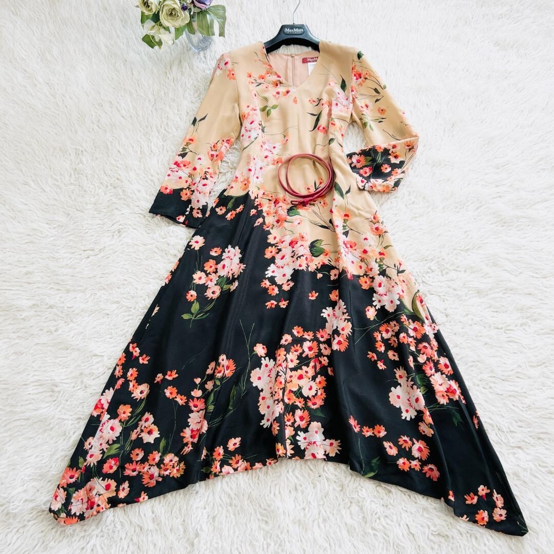 MaxMara Silk Floral Asymmetrical Long Dress Leather Belt Auth