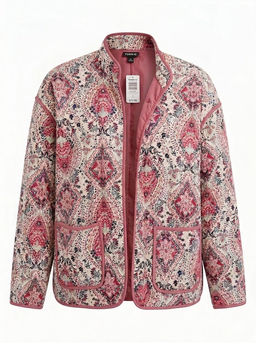 NWT Torrid Quilted Pink Floral Paisley Boho Chic Open Front Jacket Pockets 2XL