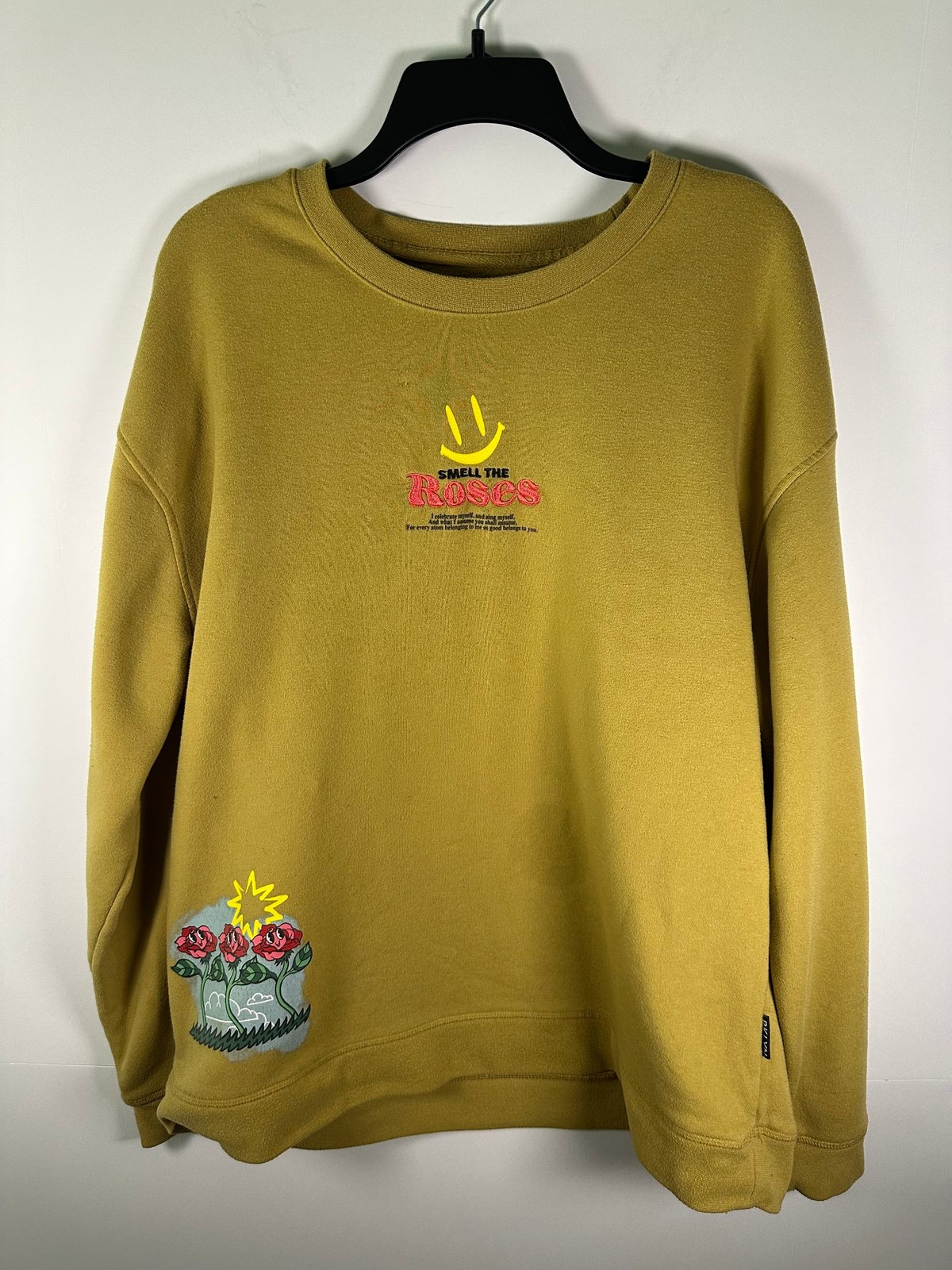 Brixton Sweatshirt Mens XL Graphic Crewneck Smell The Roses Back Print Mustard
