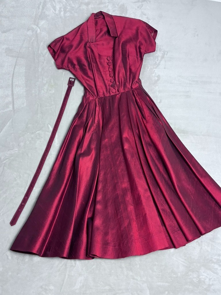 VINTAGE 60’s Women’s Dress SZ 2/26″ Waist Cranberry Red Hand Tailored Fit Flare