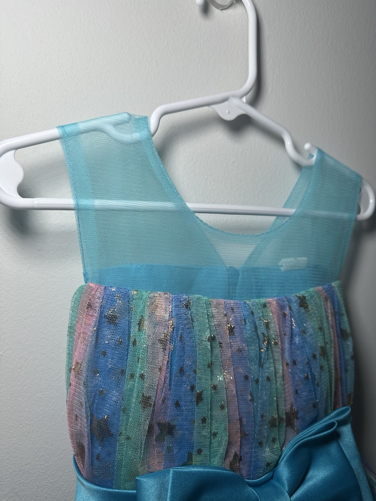 5T/5Y Elegant Sheer Rainbow Tulle Dress With Bows And Gold Stars For Girls