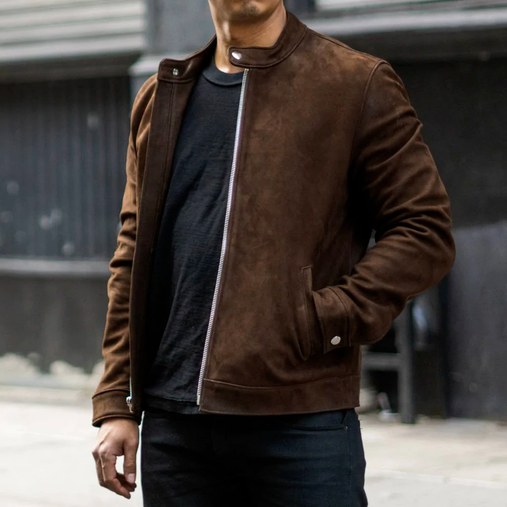 Men Brown Racer Leather Jacket Pure Suede Motorcycle Size XS S M L XL XXL – 026