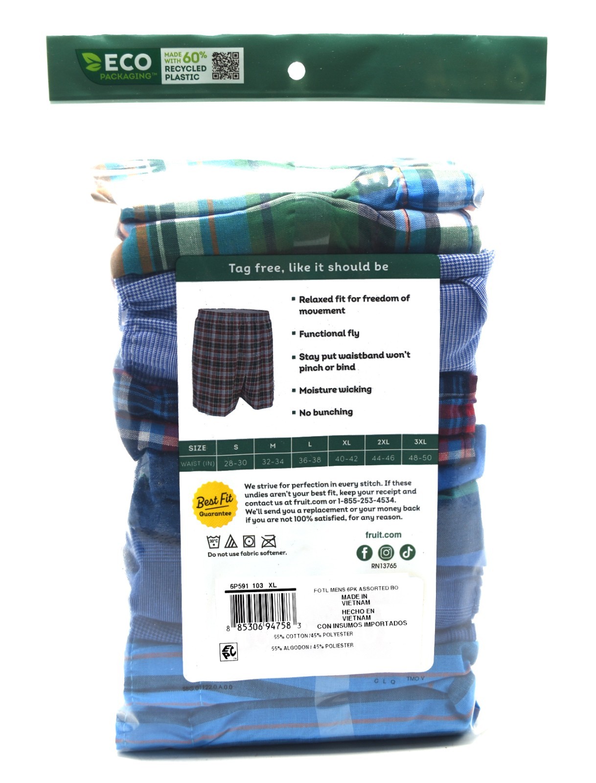 18 Plaid and Stripe XL 40-42 Inch Boxers Fruit Of The Loom EG 102-107 CM