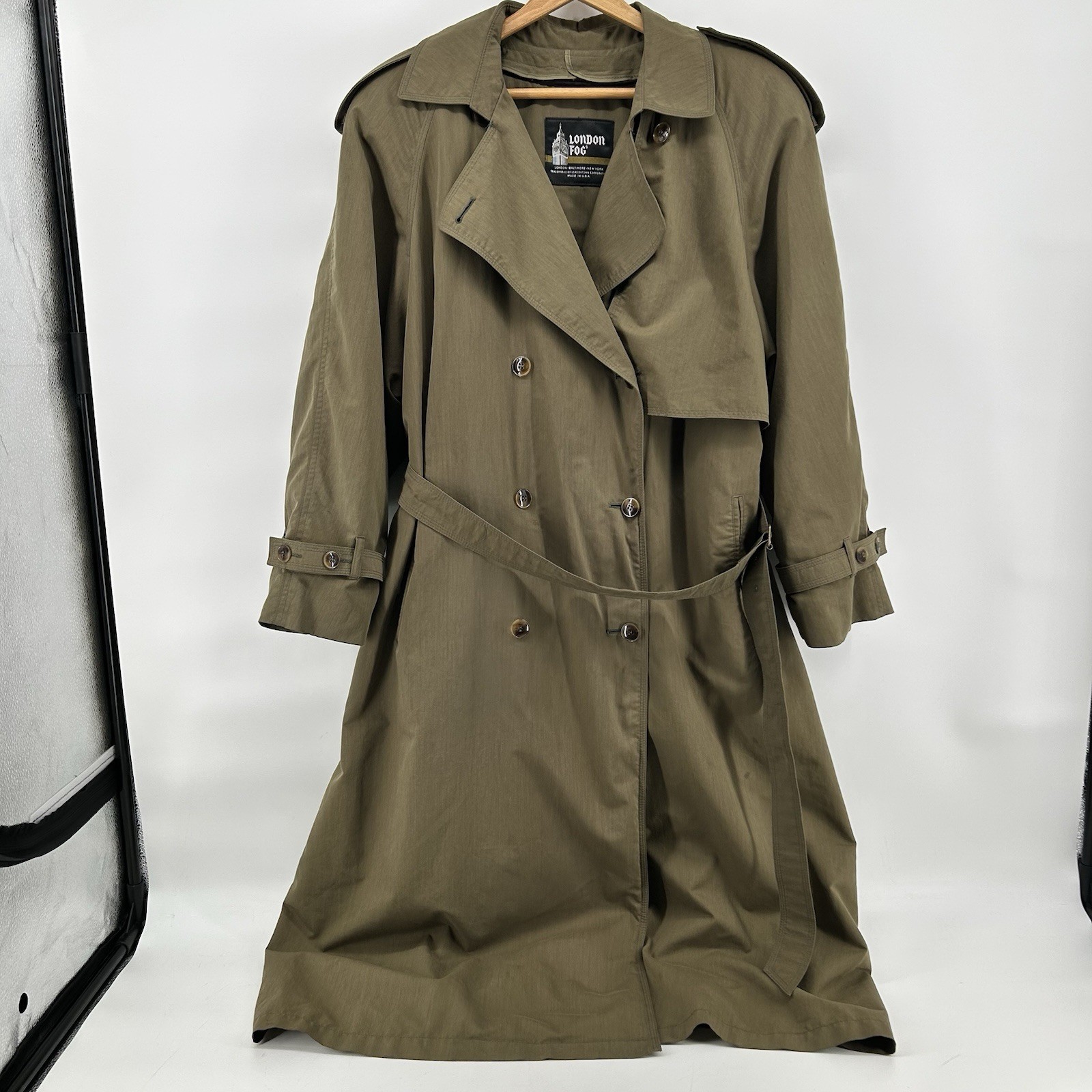 London Fog Trench Coat Women Sz 14 Regular Olive Green Zip Out Liner USA VTG 80s