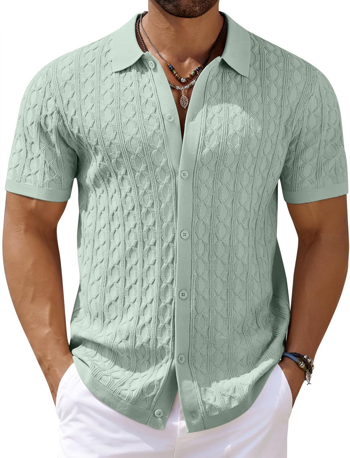 Men’s Knit Short Sleeve Shirts Button Down Vintage Knitted Polo Shirt