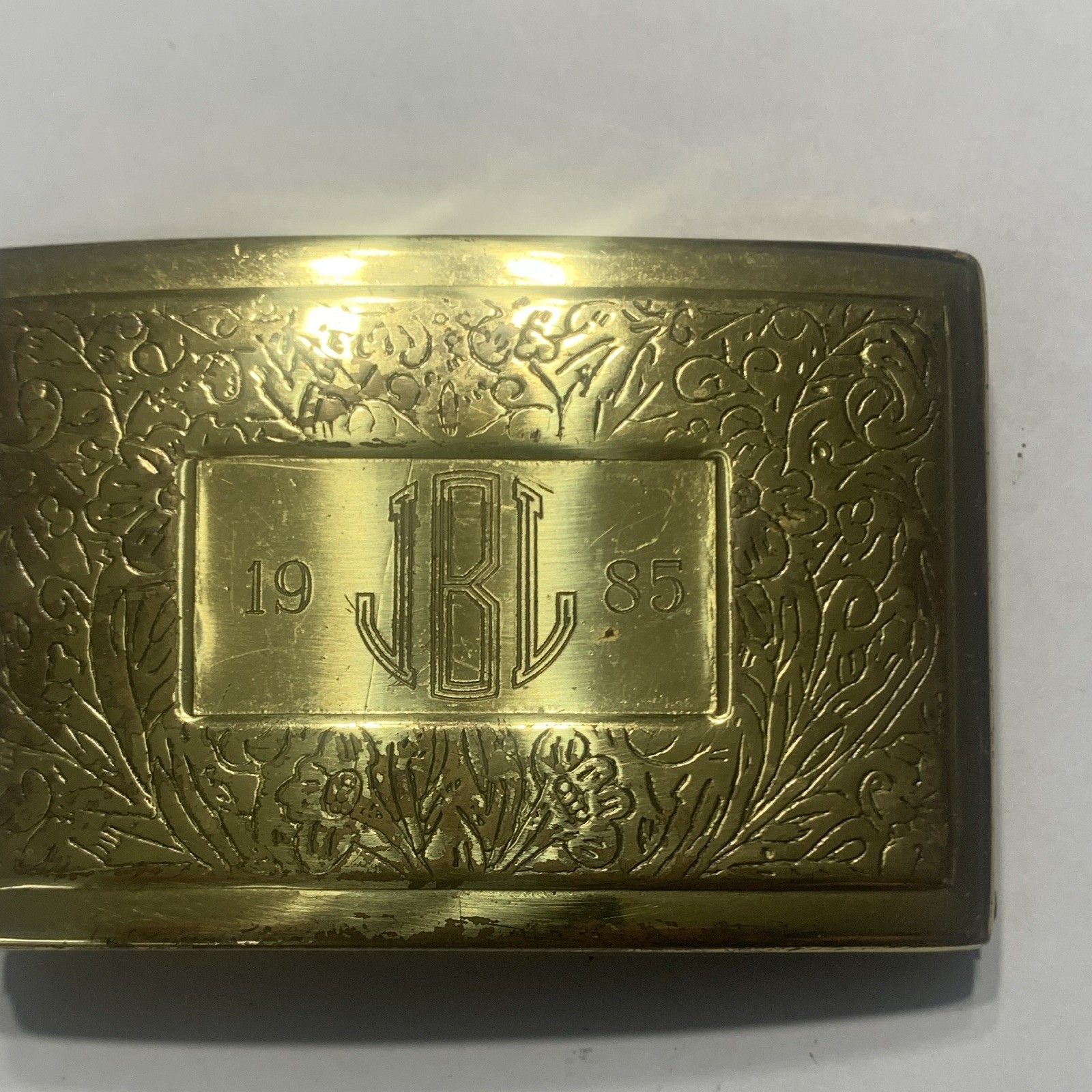 Gold Tone Engraved Floral Monogram Belt Buckle Hinged Back 1.5in 1985