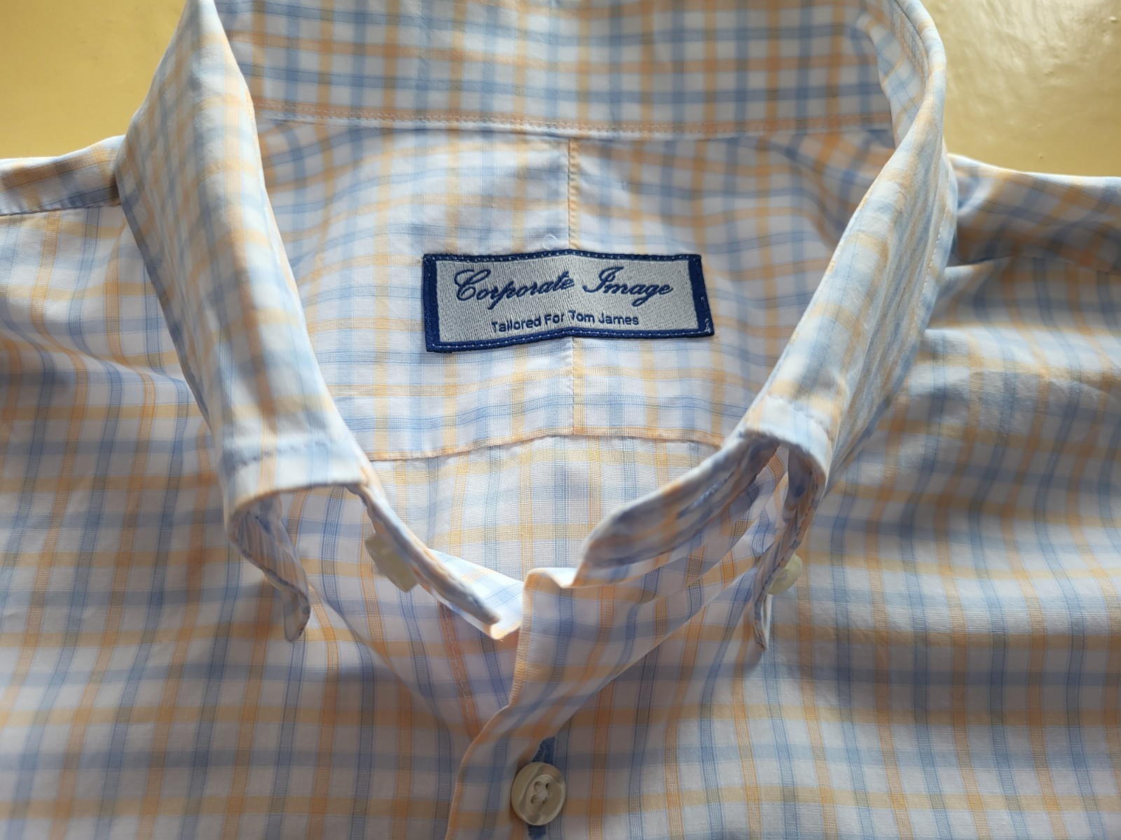 Corporate Image Men’s Plaid Button-Up Shirt Blue Yellow White Tailored Tom Jones