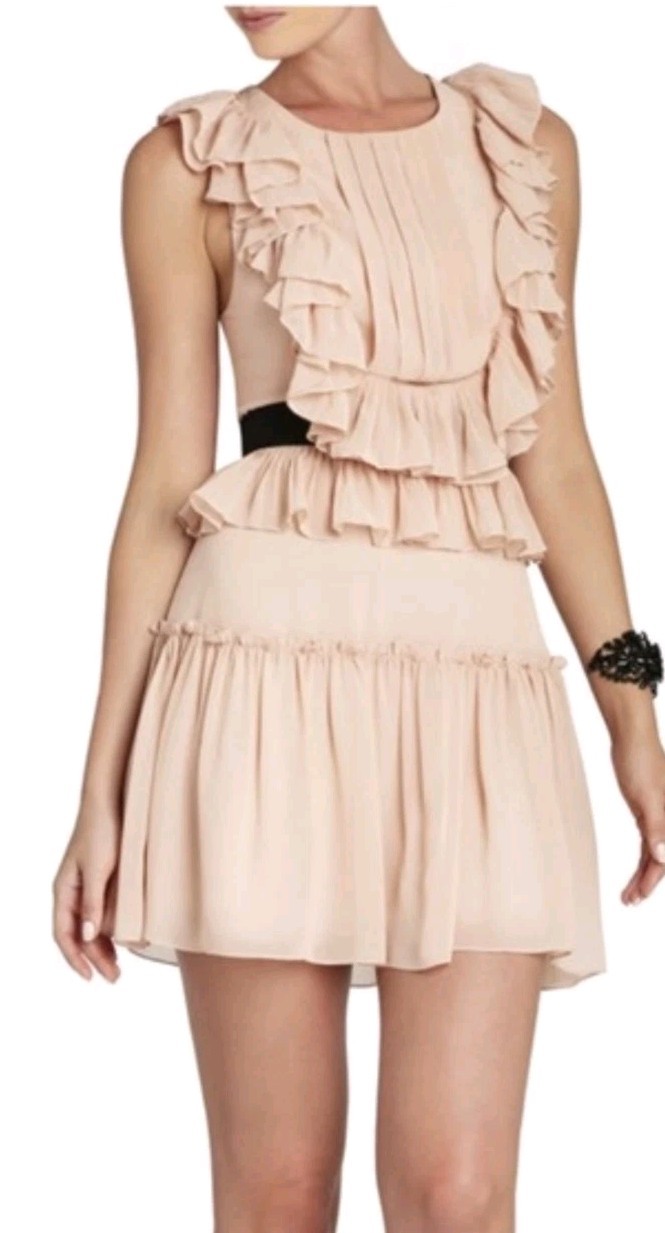 NWT BCBG MAXAZRIA SIZE 4 Britt Bare Pink Pleated Ruffle Back Cage Mini Dress