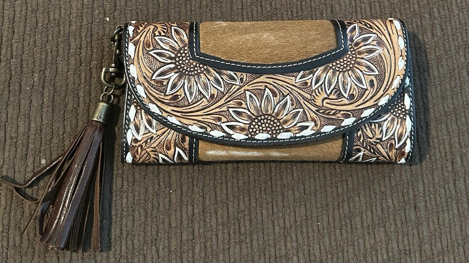Myra Bag Sandstone Trail Wristlet Wallet Tooled Leather Sunflower Cowhide