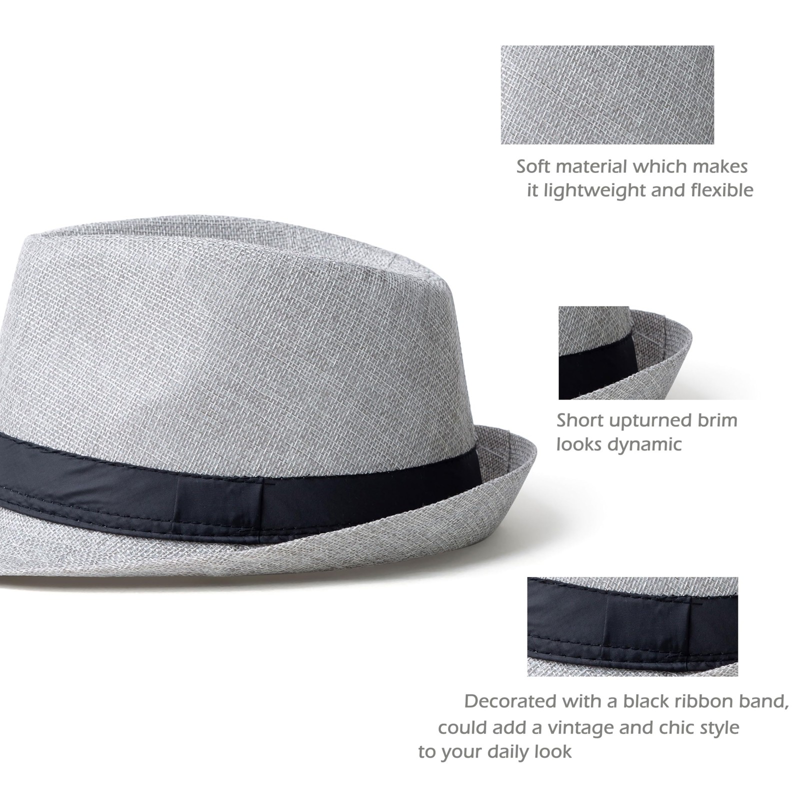 Classic Short Brim Fedora Hats Summer Beach Trilby Hat for Men Women with Bla…