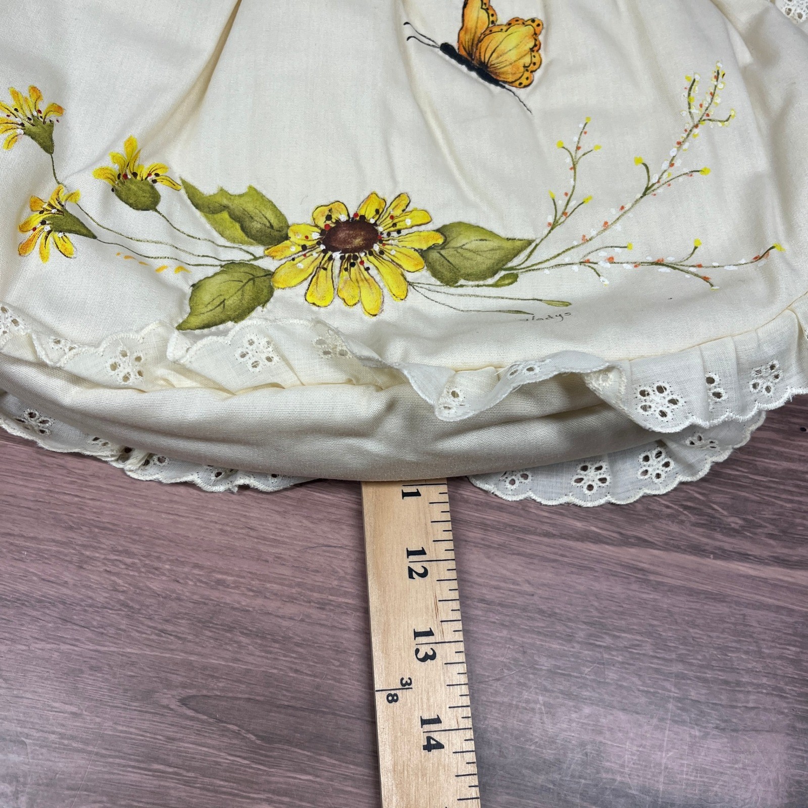 Hand Painted Floral Butterfly Handbag Cream Eyelet Lace Wood Handle Cottagecore