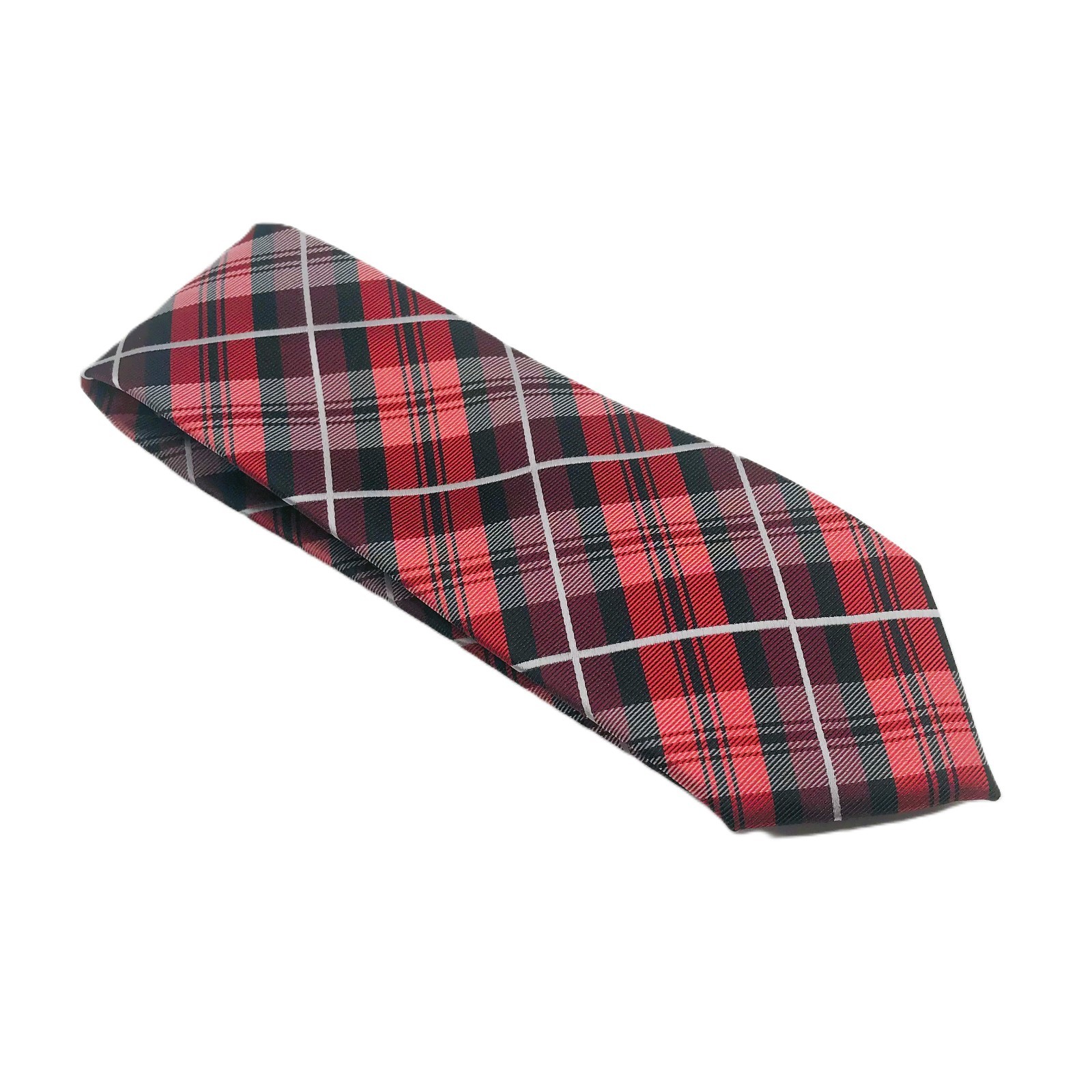 BARRY WANG Hand Tailored 100% Silk Red & Silver Plaid Neck Tie – FREE SHIPPING!