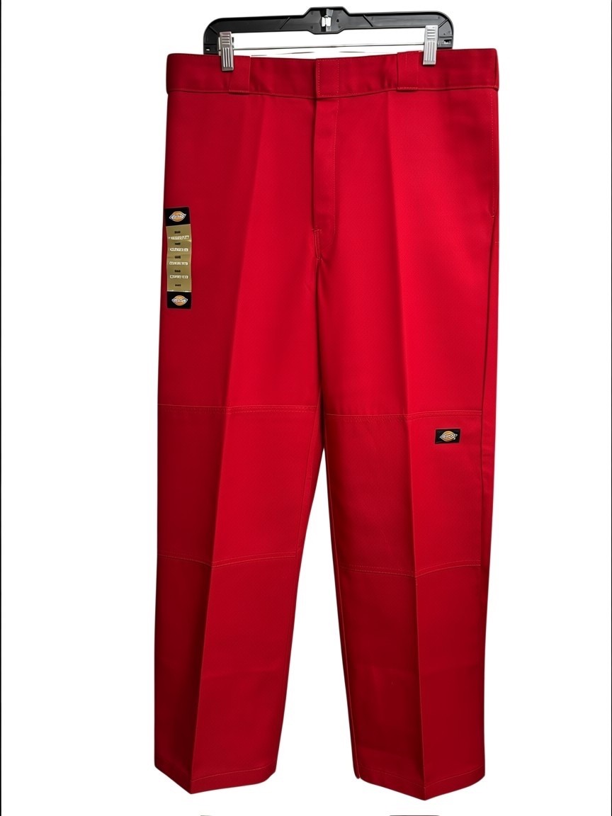 dickies mens red double knee loose fit cell phone pocket work pants 42×34 new