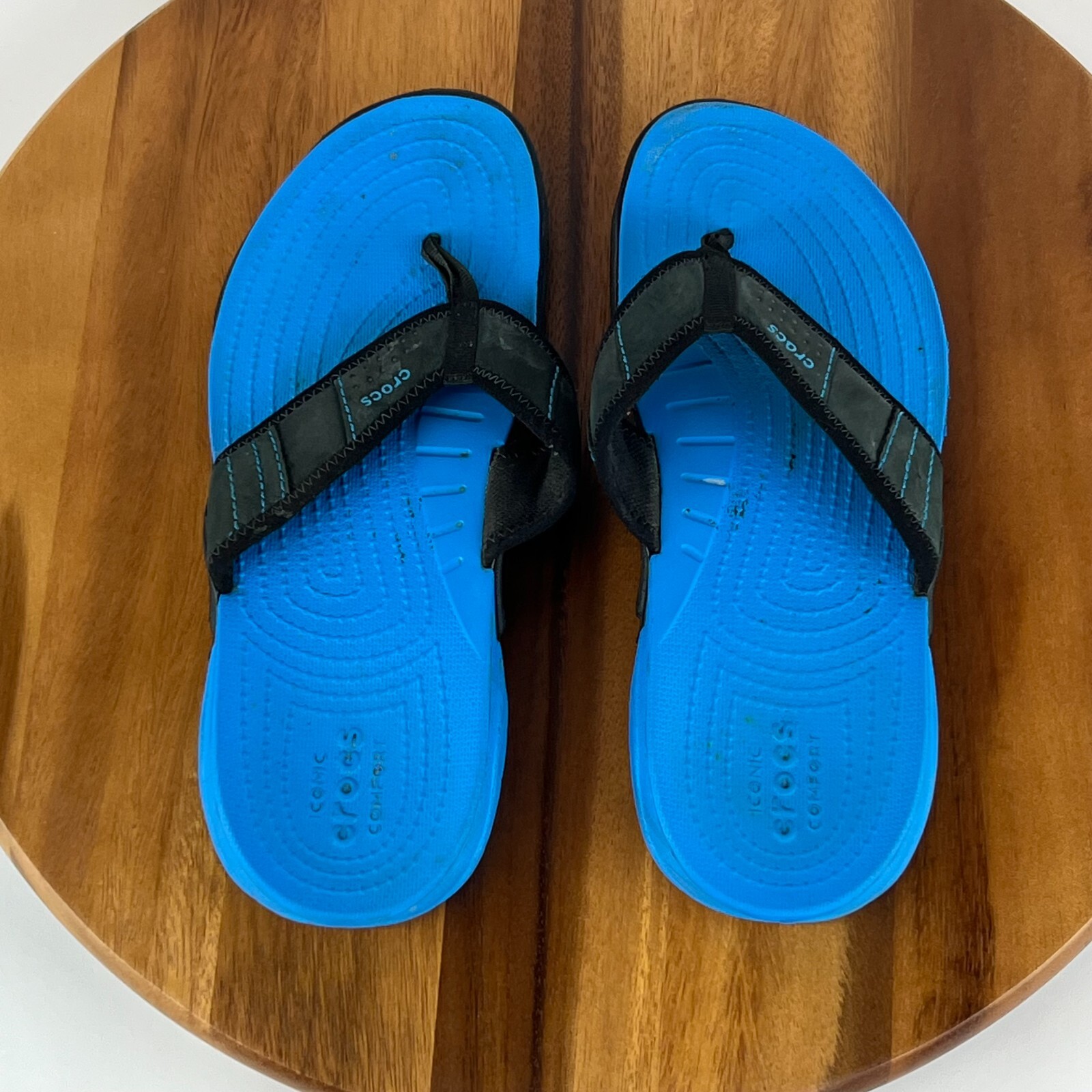 Mens Crocs Swiftwater Blue Black Leather Comfort Sandals Flip Flops Size 9 M GUC