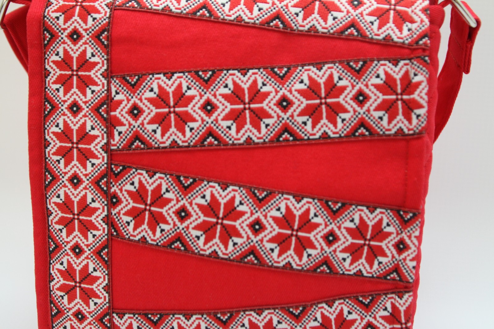 Red Natural Cotton Crossbody Bag Embroidered Adjustable Strap.