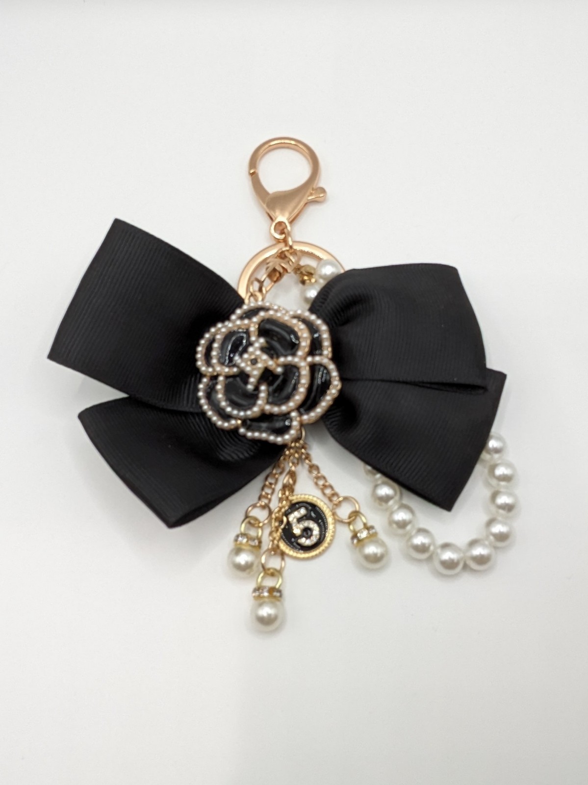 Camellia Bag Charm & Rhinestones – Black Bow & Faux Pearl | Stocking Stuffer