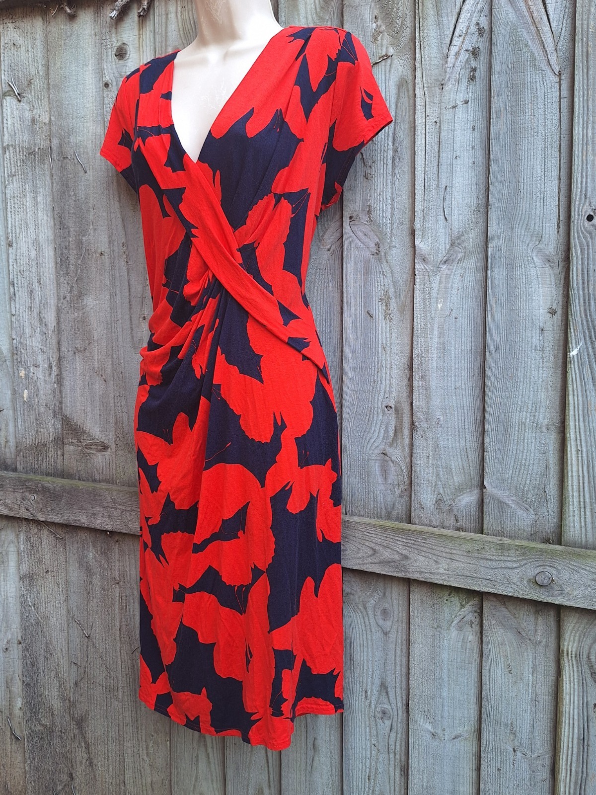 Phase Eight Ruched Red Navy Blue Summer Jersey Stretch Dress UK 16 EU 44 USA 12