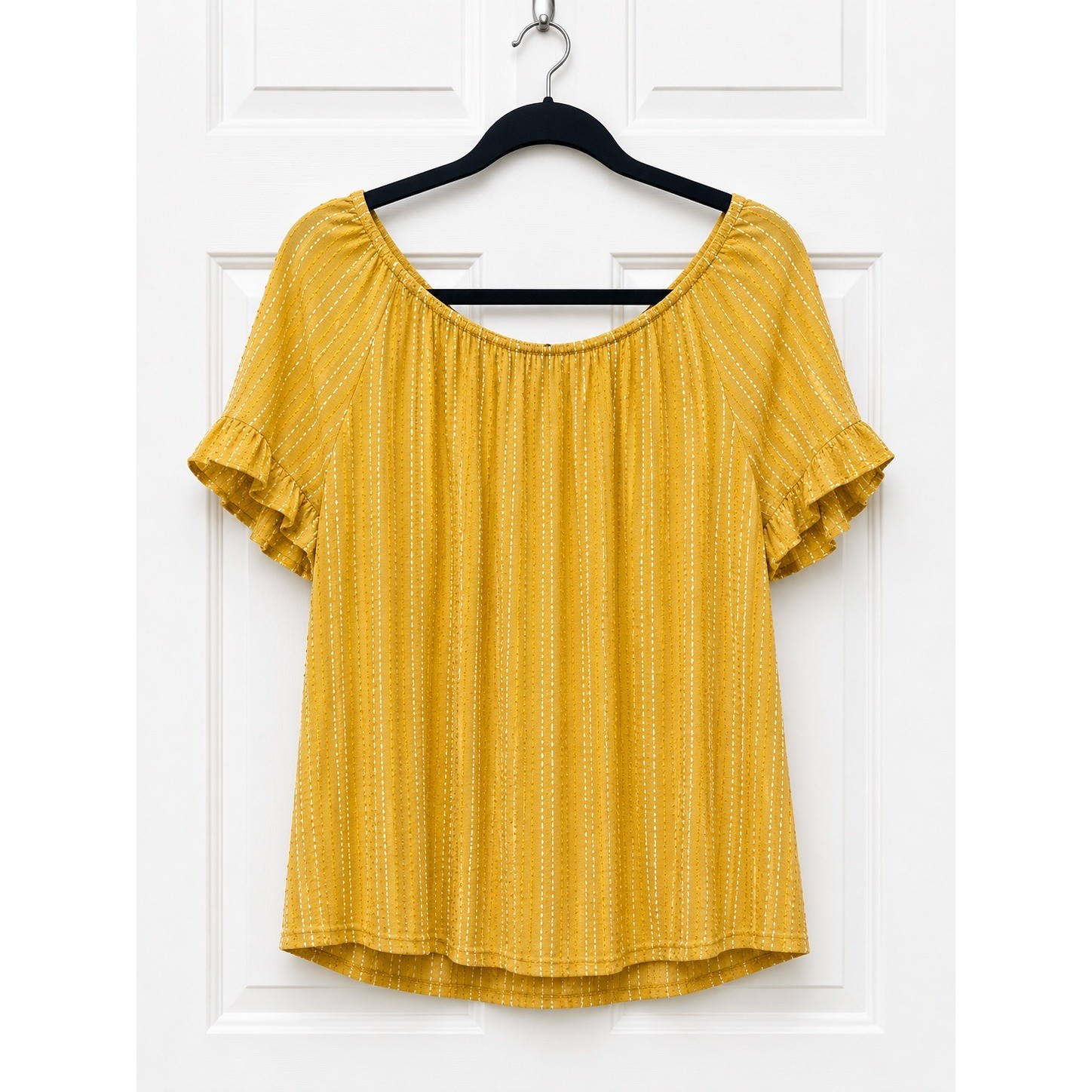 W5 Mustard Yellow Boho Peasant Top Flutter Sleeve Crinkle Textured Blouse Large