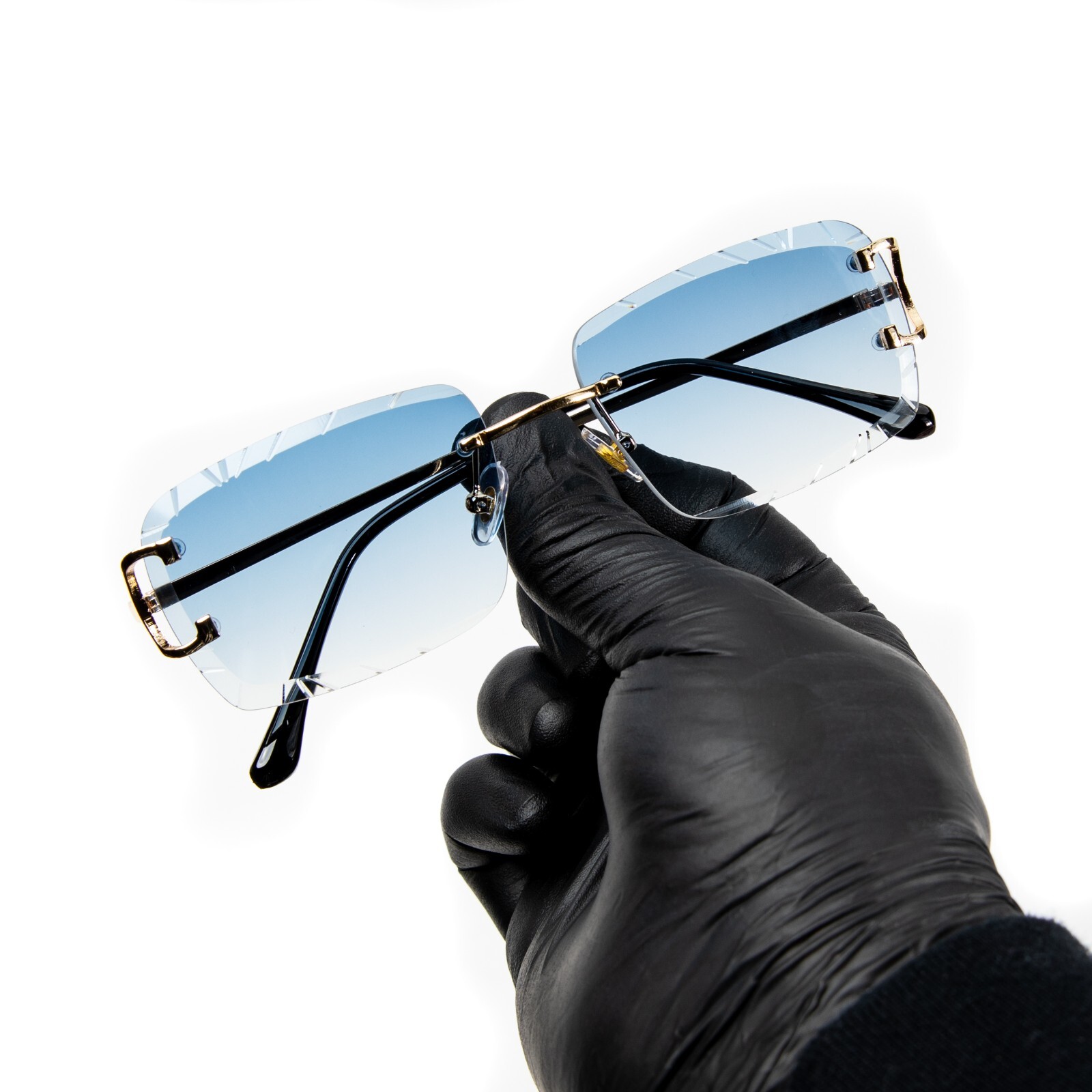 Men’s Gem Cut Blue Tint Gold Frame Hip Hop Rimless Luxury Rectangle Sunglasses