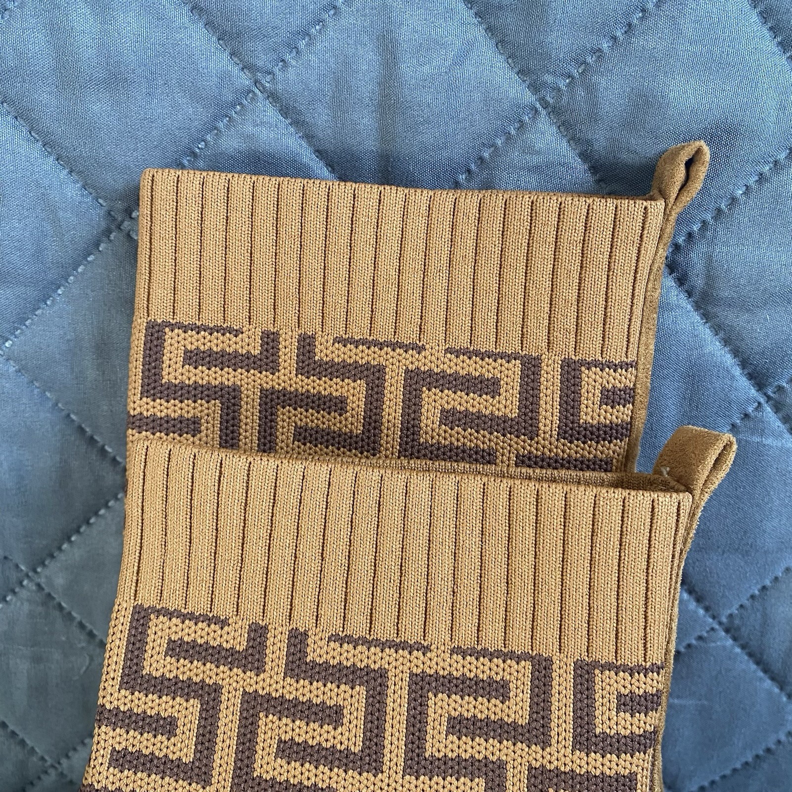 C. Malandrino Monogram Logo Heeled Ankle Sock, Knit, Suede Tan/Brown Boot SZ 8.5
