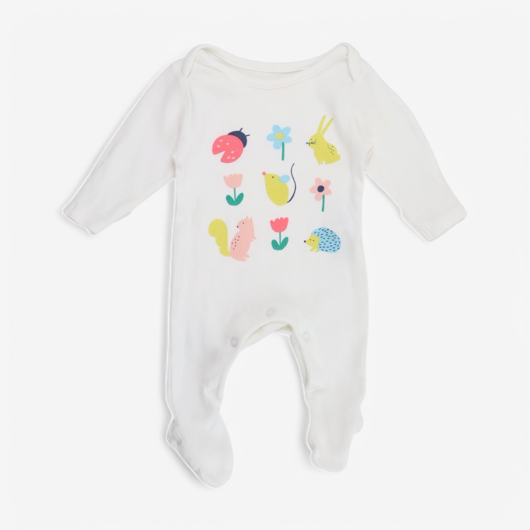 Marks and Spencer Sleepsuit White Animal Print Cotton Baby, Newborn