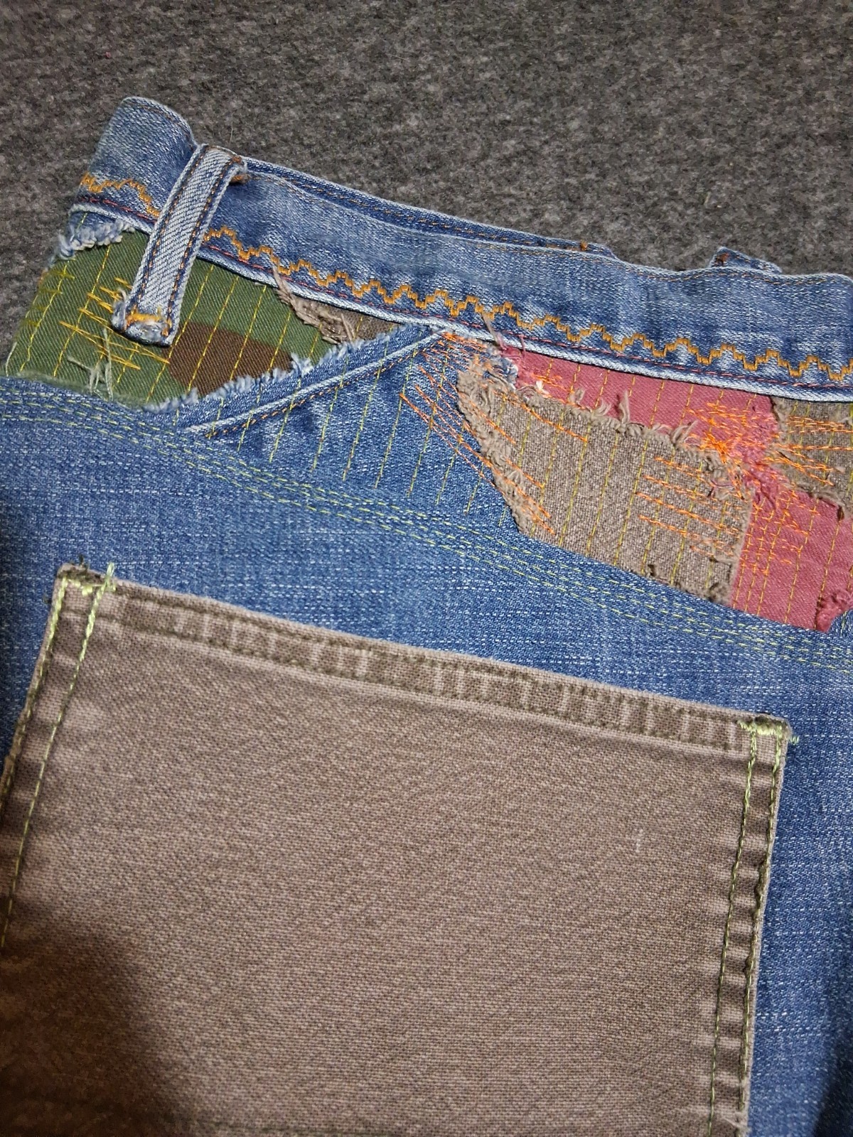Handmade Patchwork Sz 32×28 Jeans StreetWear Distressed Carpenter Dopamine Camo