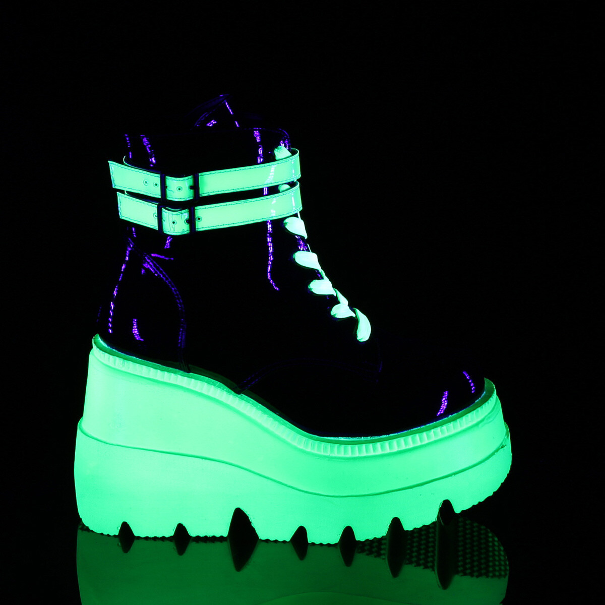 DEMONIA SHAKER-52 Women’s Wedge Platform Black Neon Green Lace-Up Ankle Boots