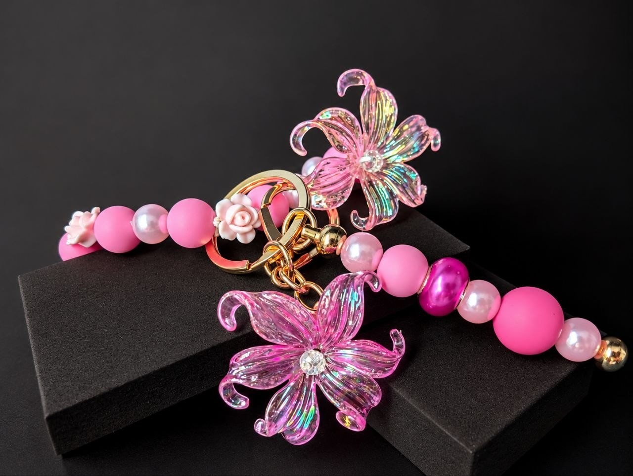 Pink Floral Beaded Keychain Wristlet Charm