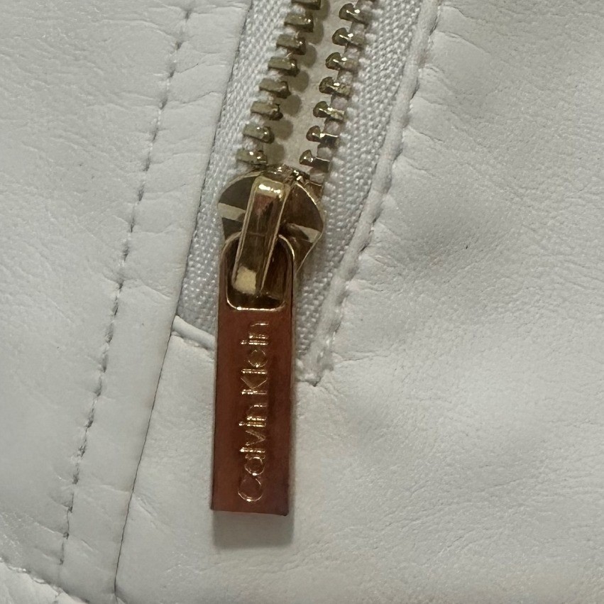 Calvin Klein Faux Leather Moto Jacket Women Small Cream Good Gold Zip