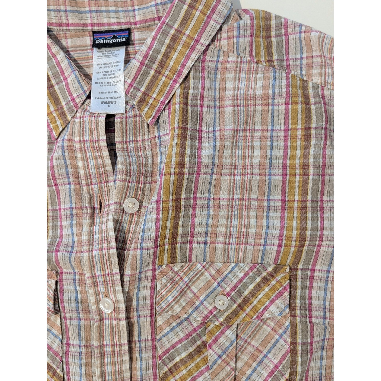 Patagonia Womens Organic Cotton Plaid Button Down Shirt Pink Yellow Blue Size 4