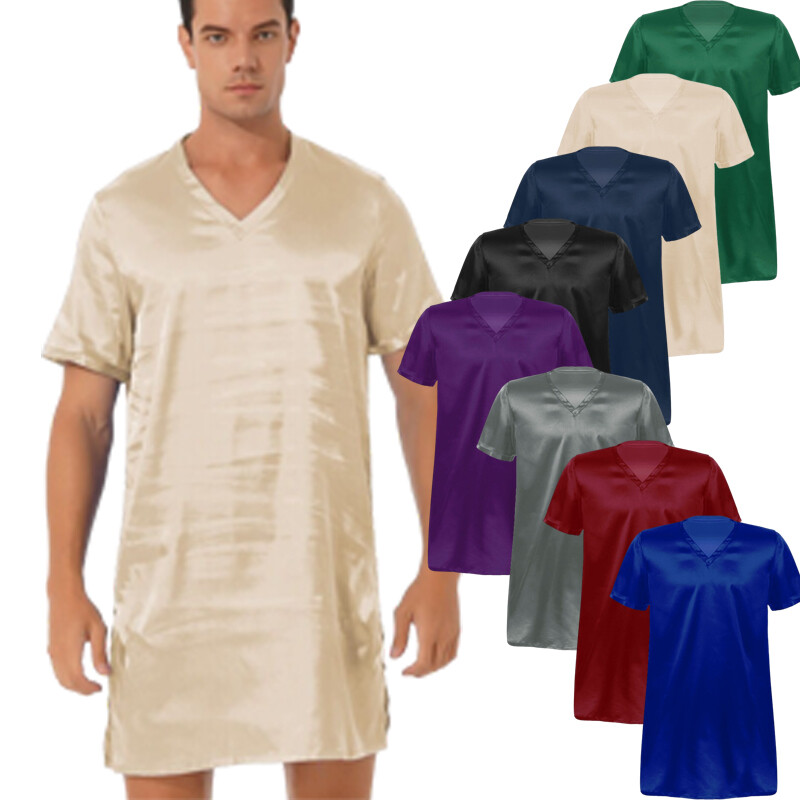 US Men’s V Neck Nightshirt Satin Frilly Nightwear Loose Pajamas Sleep T-Shirt