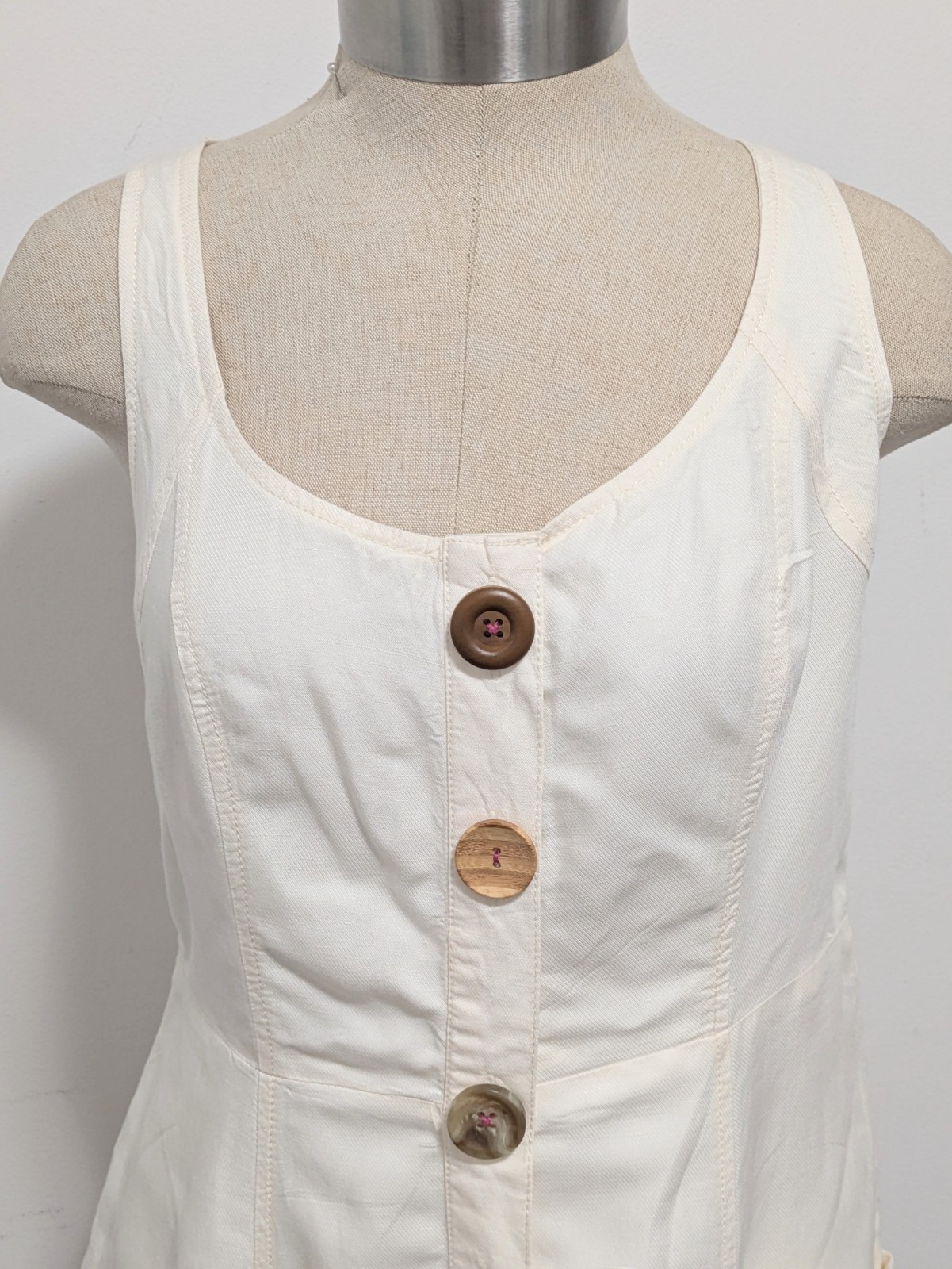 Anthropologie Cream button Front Midi Dress Linen Blend 10 Beachy Cortage Preppy