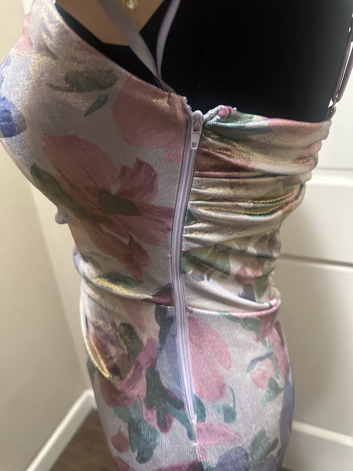 City Studios Multicolor Floral Satin Sweetheart Backless Bodycon Midi 7