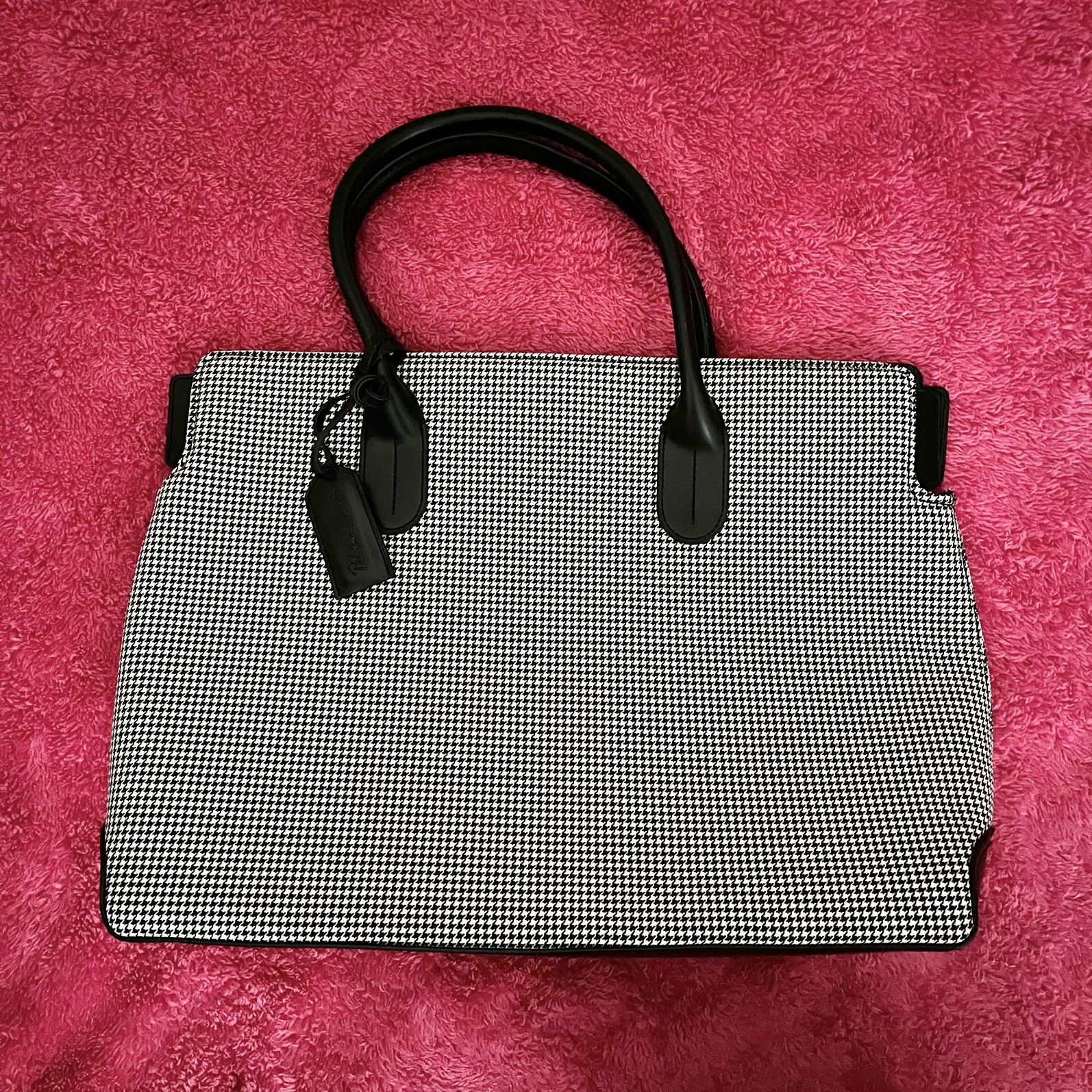 Vintage Paloma Picasso Tote Black White Houndstooth Canvas Handbag