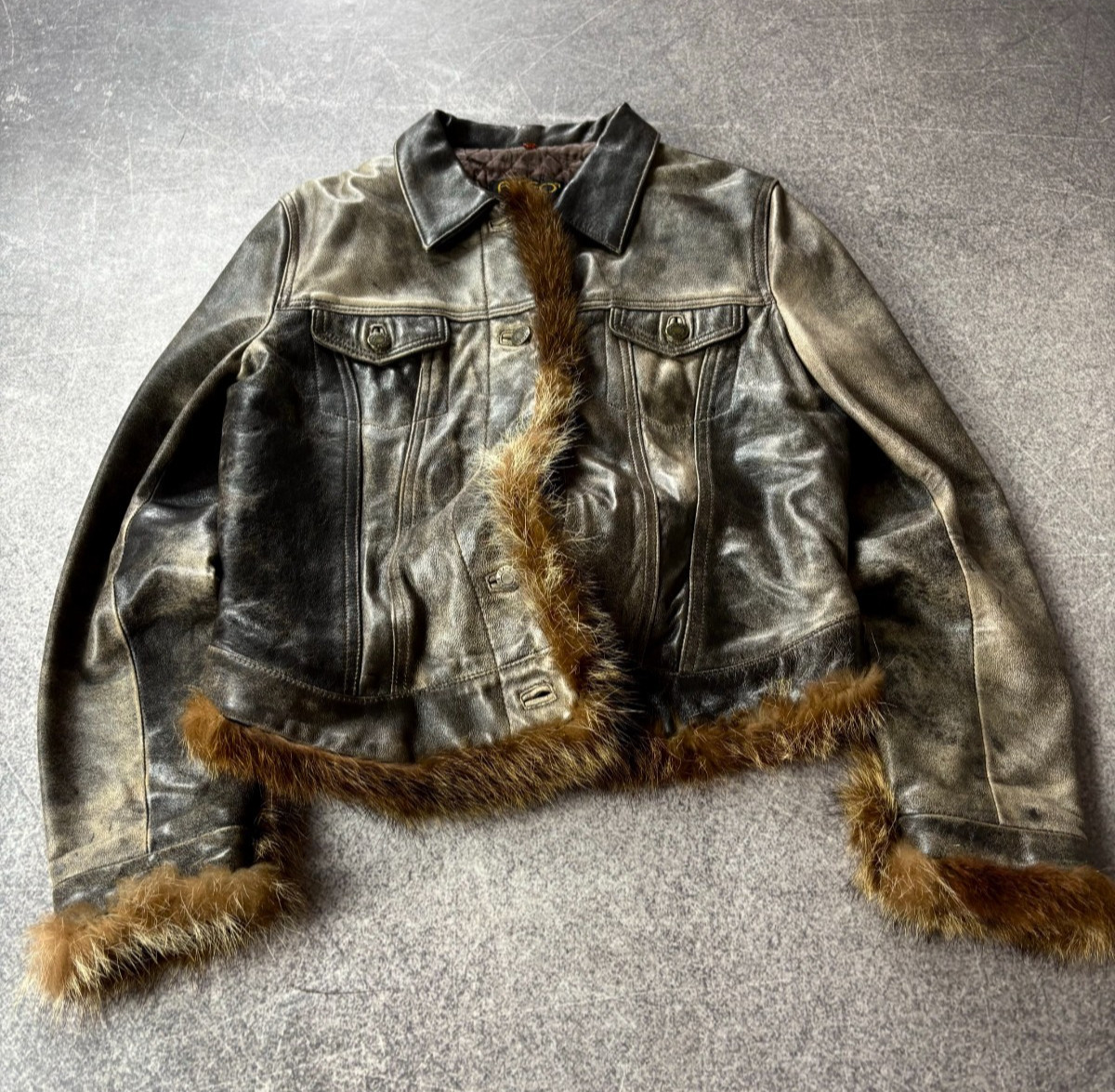 Made in Italy 80s Washed Western Cowboy Trucker Leather Jacket Fur Distressed