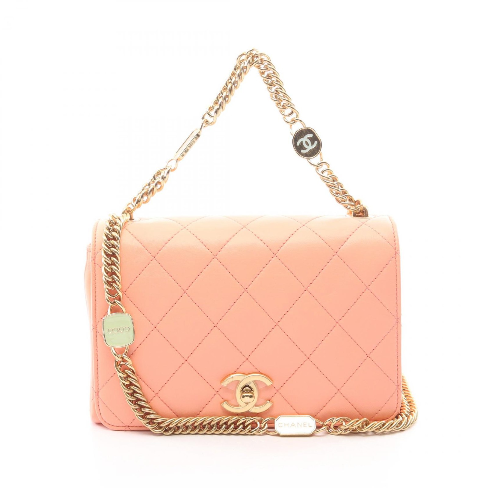 CHANEL Matelasse 2WAY Chain Shoulder Bag Lambskin Orange GHW Used Women
