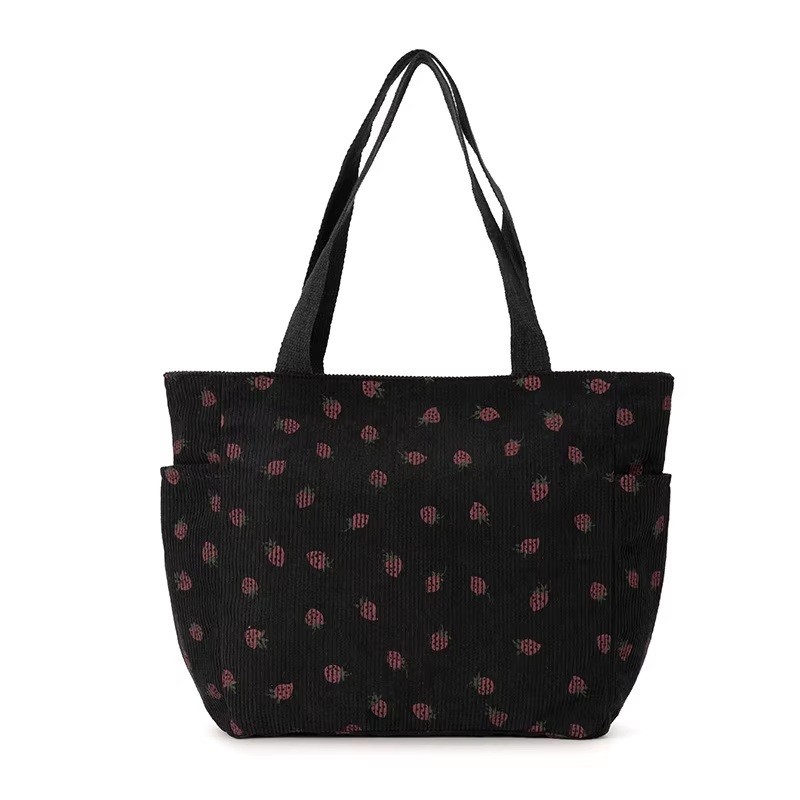 CUTE STRAWBERRY CORDUROY LARGE SHOULDER TOTE BAG WITH ZIPPER FRONT BUTTON POCKET