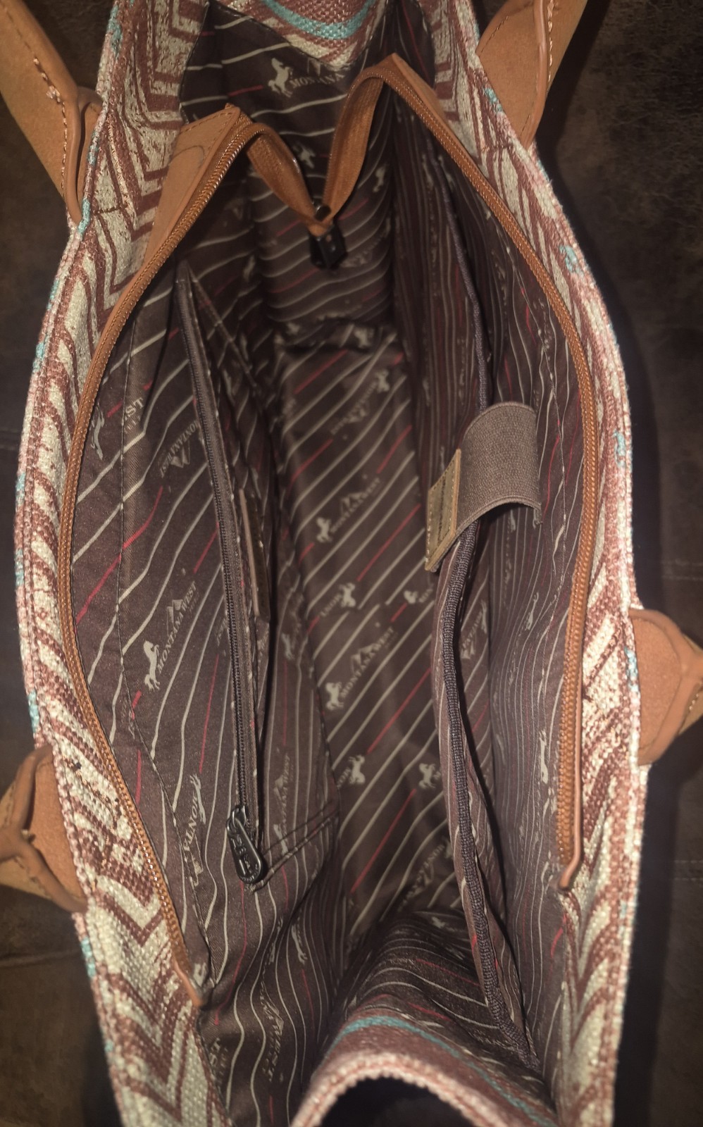 Montana West Geometric Tote Brown Beige Turquoise Zip Inner Pockets Dividers
