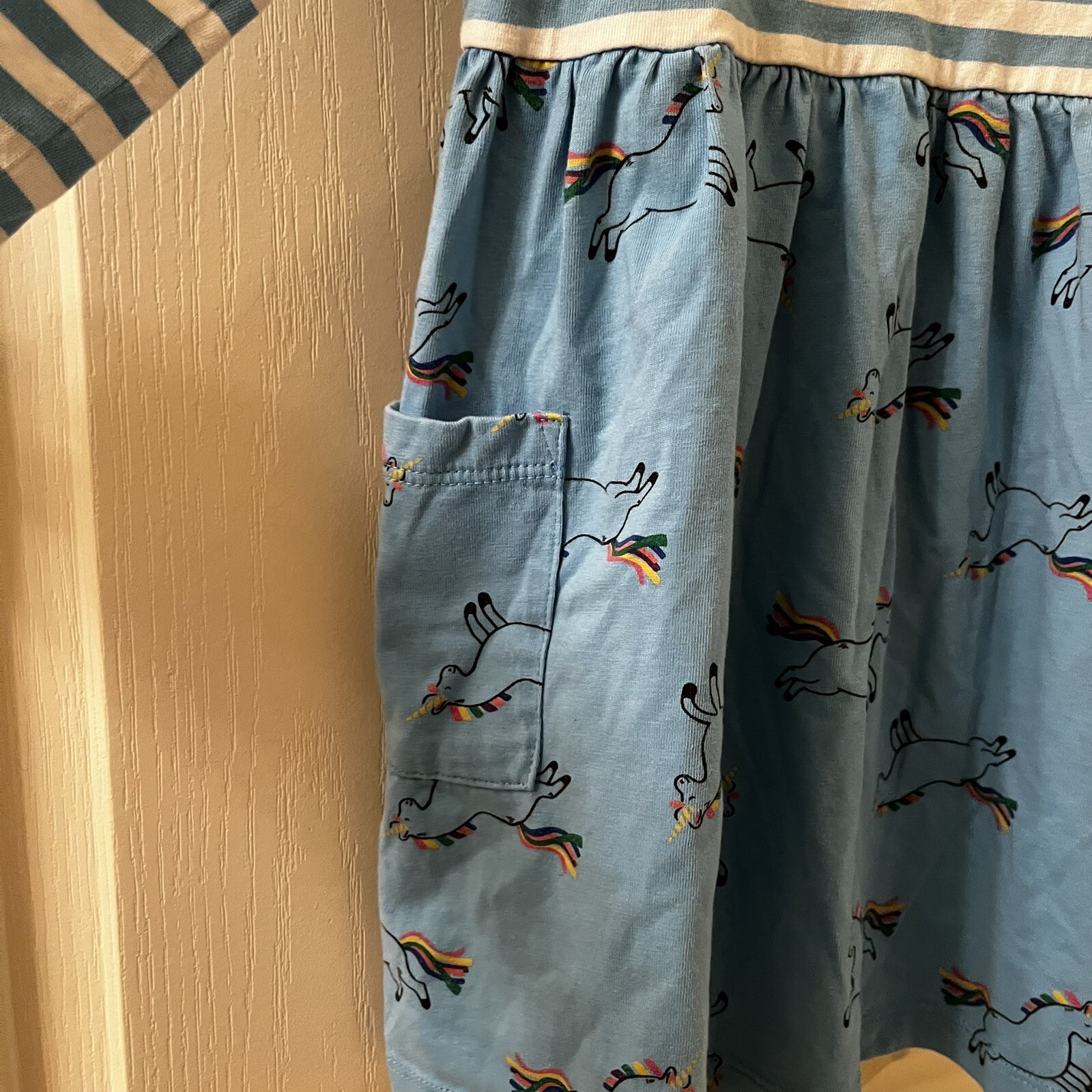 Hanna Andersson Mixie Playdress Dress Blue Striped Unicorn Pockets Size 100 US 4