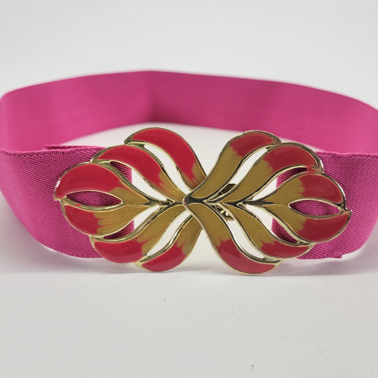Stretch Belt 30 32 34 Leaf Buckle Waist Wide Pink Vtg 1980s