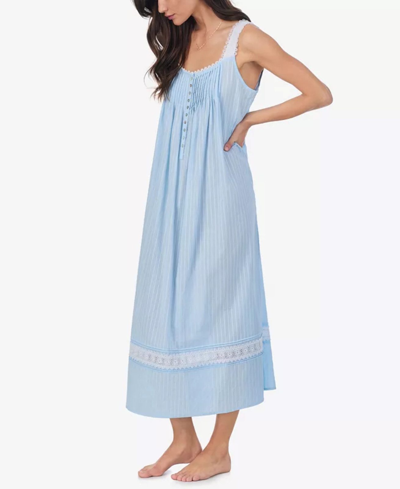 New $82 Eileen West Blue 100% COTTON LAWN Sleeveless 48″ L Ballet Nightgown Sz M