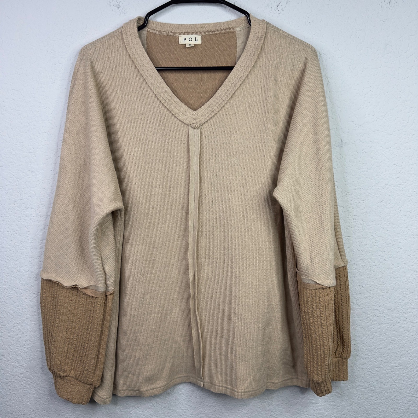 POL Sweater Womens S Brown Knit V-Neck Oversized Mixed Media Boho Earthy Neutral